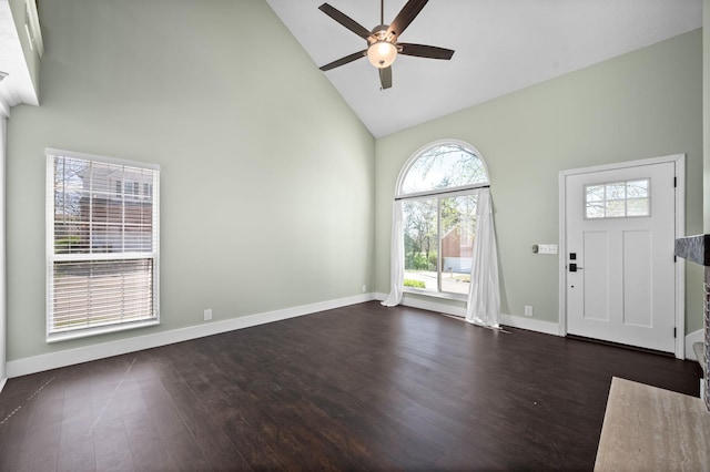 1829 Apple Valley Cir, Nashville, TN 37207 - entrance foyer with baseboards, high vaulted ceiling, ceiling fan, and dark wood-style flooring