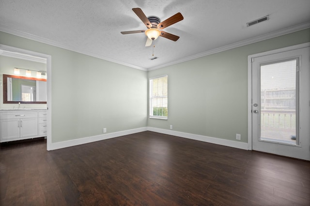 1829 Apple Valley Cir, Nashville, TN 37207 - unfurnished bedroom with crown molding, a sink, baseboards, visible vents, and dark wood-type flooring