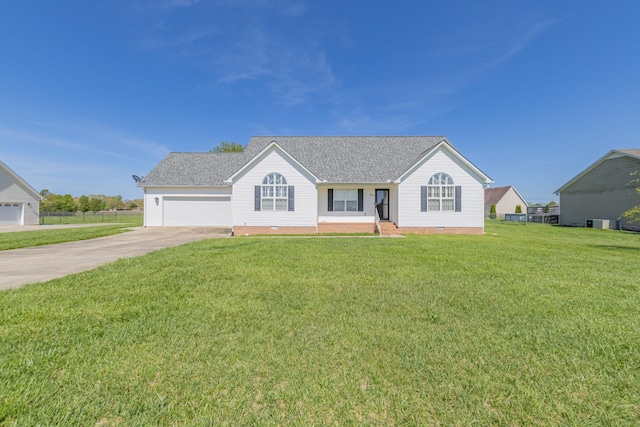 ranch-style house featuring an attached garage, crawl space, a front lawn, driveway, and roof with shingles