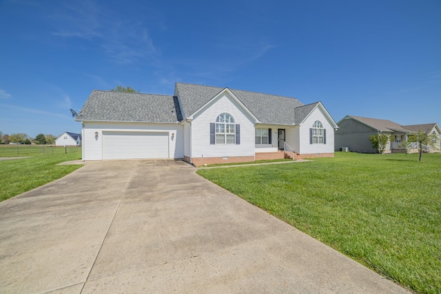 ranch-style home featuring roof with shingles, driveway, crawl space, an attached garage, and a front yard