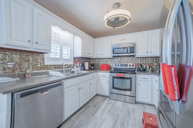 kitchen featuring a sink, backsplash, white cabinets, and appliances with stainless steel finishes