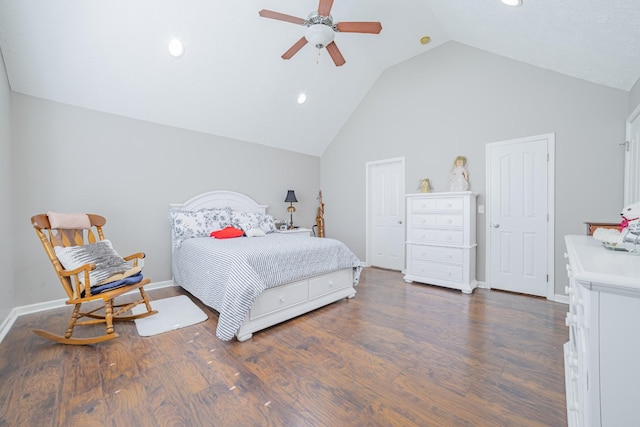 bedroom featuring baseboards, recessed lighting, a ceiling fan, high vaulted ceiling, and wood finished floors