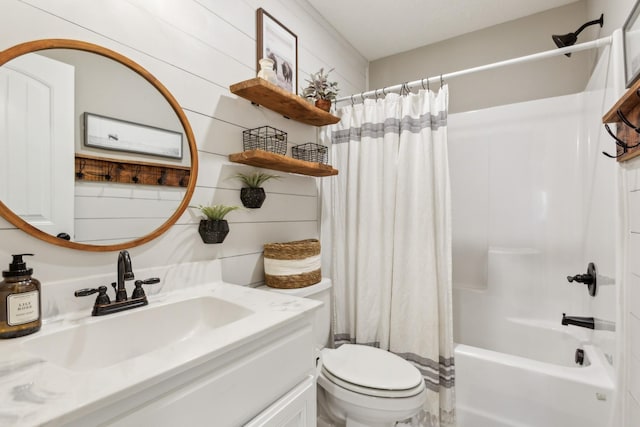 full bathroom with toilet, vanity, and shower / bathtub combination with curtain