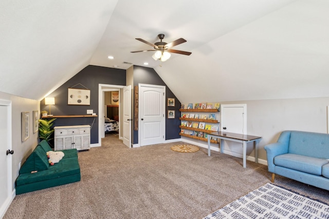 interior space featuring recessed lighting, vaulted ceiling, a ceiling fan, carpet floors, and baseboards