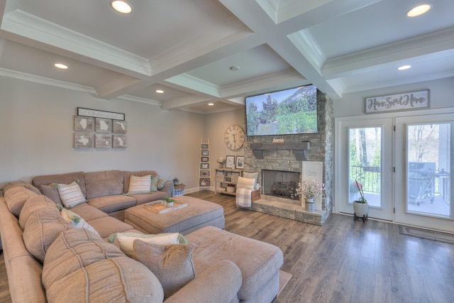 127 Waters Hill Cir, Lebanon, TN 37087 - living room with wood finished floors, coffered ceiling, beamed ceiling, and a stone fireplace