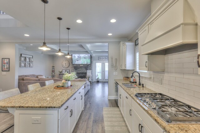 127 Waters Hill Cir, Lebanon, TN 37087 - kitchen featuring stainless steel appliances, a stone fireplace, a sink, custom range hood, and open floor plan
