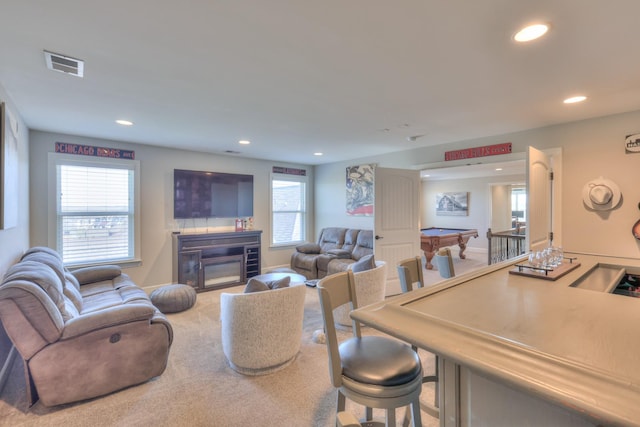 127 Waters Hill Cir, Lebanon, TN 37087 - living room featuring carpet flooring, recessed lighting, pool table, and visible vents