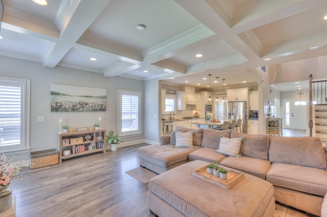 127 Waters Hill Cir, Lebanon, TN 37087 - living room with beamed ceiling, light wood finished floors, baseboards, recessed lighting, and coffered ceiling