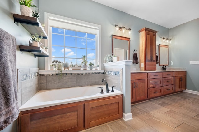 bathroom featuring wood finished floors, vanity, and a bath