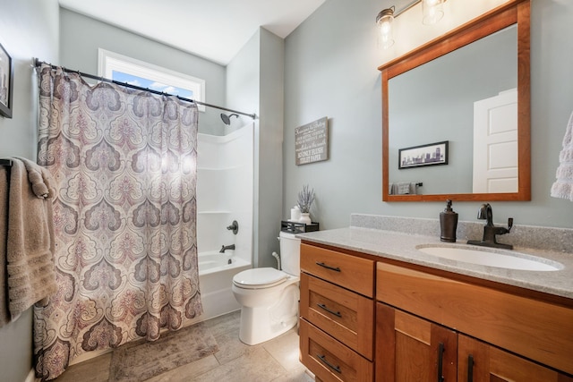 full bathroom with toilet, vanity, and shower / bathtub combination with curtain