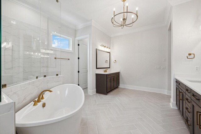 bathroom with a soaking tub, crown molding, a shower stall, baseboards, and two vanities