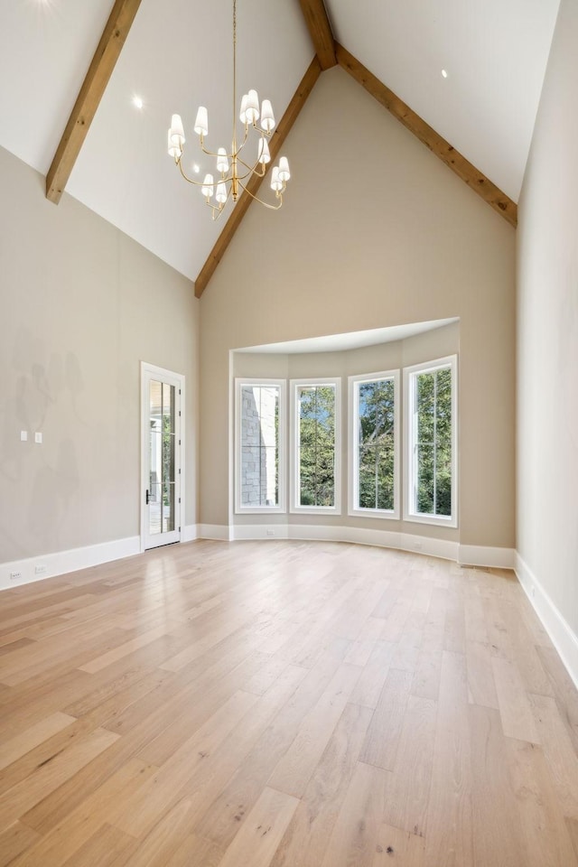 8115 Devens Dr, Brentwood, TN 37027 - unfurnished living room with light wood finished floors, beamed ceiling, a notable chandelier, and a healthy amount of sunlight
