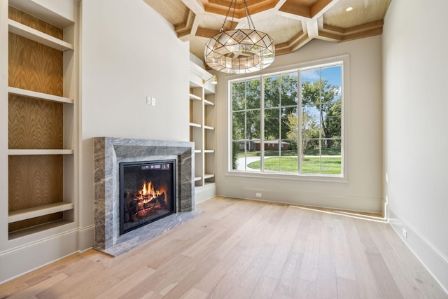 8115 Devens Dr, Brentwood, TN 37027 - unfurnished living room featuring coffered ceiling, a premium fireplace, baseboards, built in features, and wood finished floors