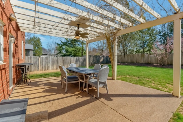 view of patio featuring a fenced backyard, a pergola, ceiling fan, and outdoor dining area