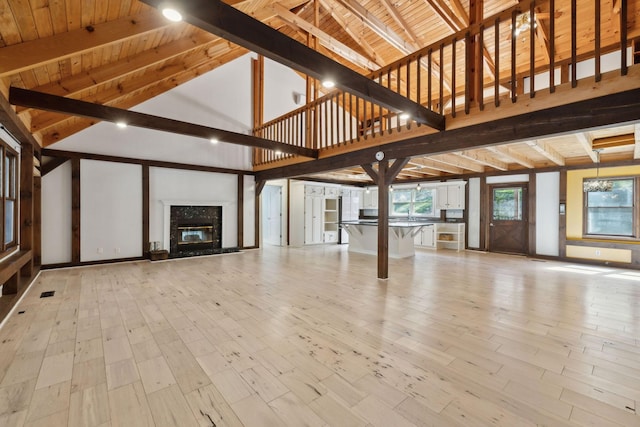 3755 Bear Hollow Rd, Joelton, TN 37080 - unfurnished living room featuring a premium fireplace, wooden ceiling, high vaulted ceiling, beam ceiling, and light wood finished floors