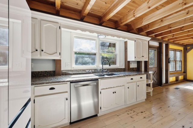 3755 Bear Hollow Rd, Joelton, TN 37080 - kitchen featuring wooden ceiling, a sink, light wood-style floors, dishwasher, and white cabinets