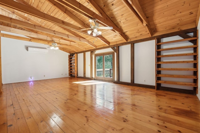 3755 Bear Hollow Rd, Joelton, TN 37080 - unfurnished living room featuring a wall mounted AC, ceiling fan, wooden ceiling, and wood-type flooring