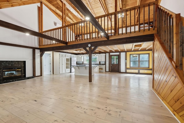 3755 Bear Hollow Rd, Joelton, TN 37080 - unfurnished living room featuring high vaulted ceiling, beamed ceiling, a high end fireplace, and light wood-type flooring