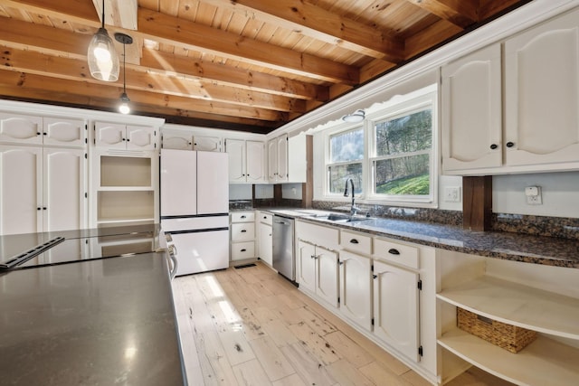3755 Bear Hollow Rd, Joelton, TN 37080 - kitchen with freestanding refrigerator, open shelves, a sink, dishwasher, and white cabinets
