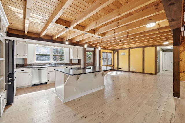 3755 Bear Hollow Rd, Joelton, TN 37080 - kitchen with wooden ceiling, a sink, stainless steel dishwasher, a center island, and white cabinets