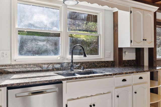 3755 Bear Hollow Rd, Joelton, TN 37080 - kitchen featuring open shelves, dark stone countertops, stainless steel dishwasher, a sink, and white cabinets