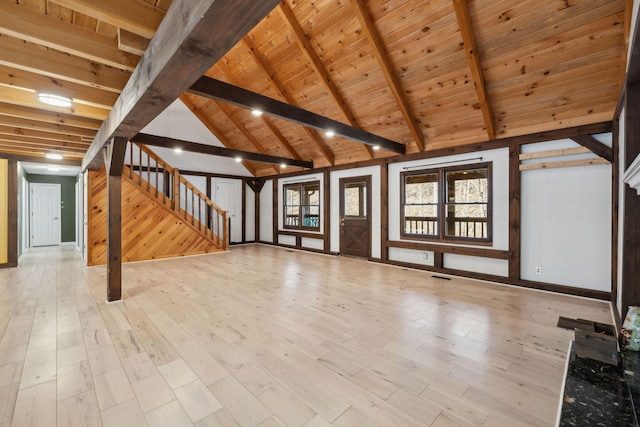 3755 Bear Hollow Rd, Joelton, TN 37080 - unfurnished living room featuring visible vents, beamed ceiling, stairs, wood finished floors, and wooden ceiling