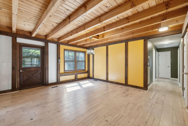 3755 Bear Hollow Rd, Joelton, TN 37080 - interior space featuring an inviting chandelier, wooden ceiling, beamed ceiling, and light wood finished floors
