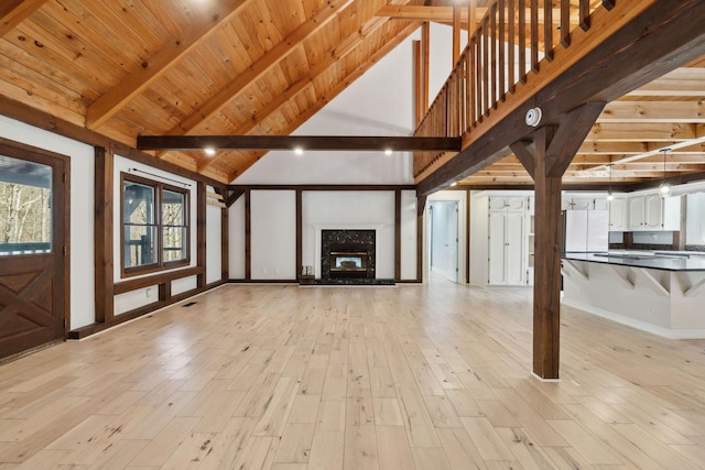 3755 Bear Hollow Rd, Joelton, TN 37080 - unfurnished living room with wooden ceiling, beam ceiling, light wood-style floors, visible vents, and a high end fireplace