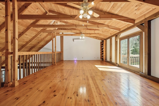 3755 Bear Hollow Rd, Joelton, TN 37080 - unfurnished living room with a ceiling fan, wooden ceiling, hardwood / wood-style flooring, and vaulted ceiling with beams