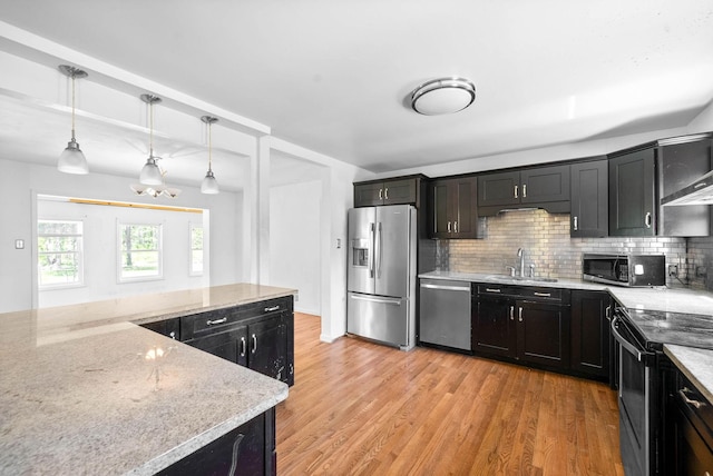 kitchen with decorative backsplash, a sink, light wood-style floors, and appliances with stainless steel finishes