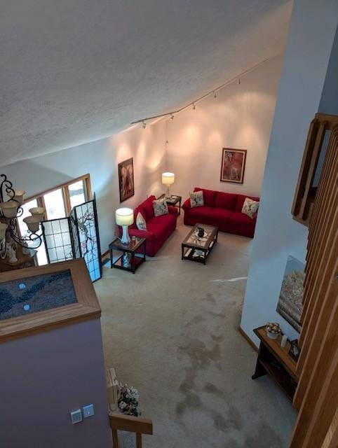 living area featuring rail lighting, a textured ceiling, and carpet