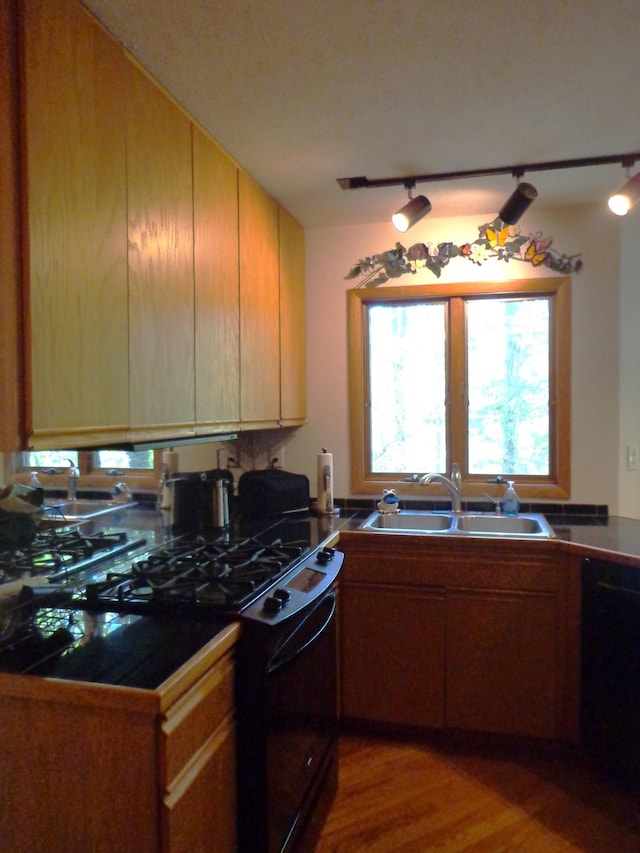 kitchen featuring dark countertops, black appliances, light wood-type flooring, and a sink