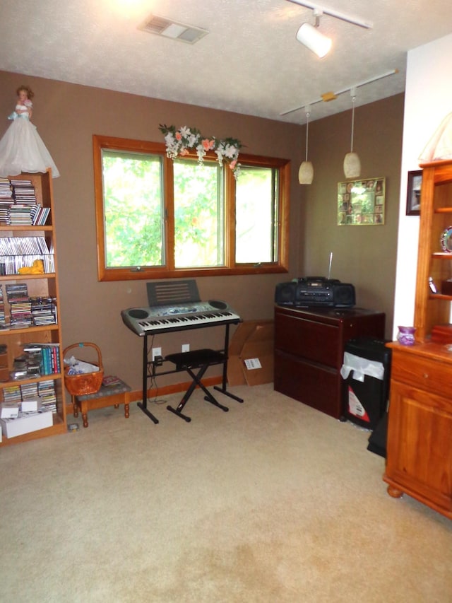 playroom with light carpet, visible vents, and rail lighting