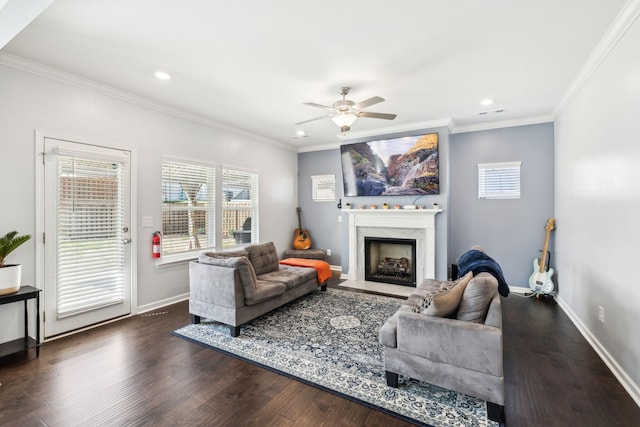 7403 Hemen Way, Fairview, TN 37062 - living room featuring baseboards, a high end fireplace, wood finished floors, and a ceiling fan