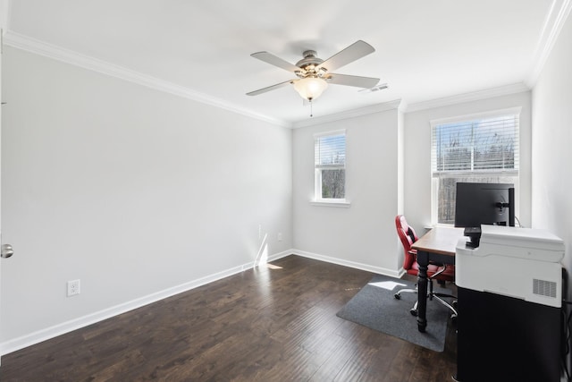 7403 Hemen Way, Fairview, TN 37062 - office with baseboards, ornamental molding, wood finished floors, and ceiling fan