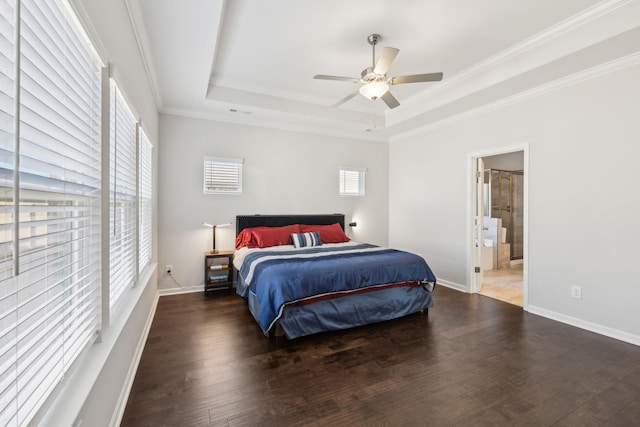 7403 Hemen Way, Fairview, TN 37062 - bedroom featuring ensuite bathroom, baseboards, ornamental molding, wood finished floors, and a raised ceiling