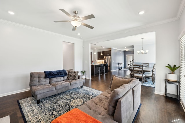 7403 Hemen Way, Fairview, TN 37062 - living room with baseboards, dark wood-style flooring, and ceiling fan with notable chandelier