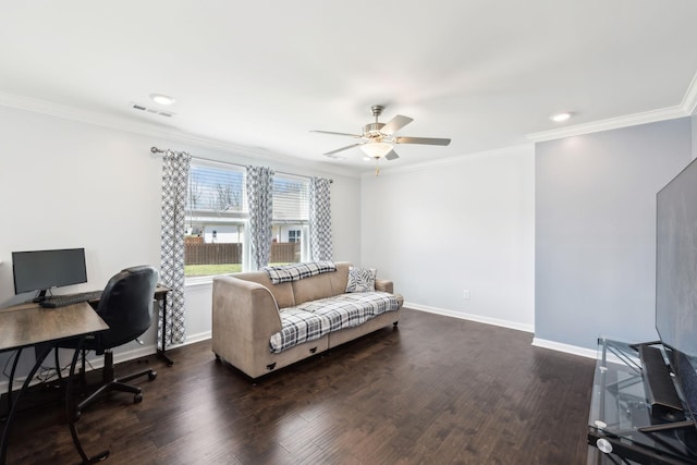 7403 Hemen Way, Fairview, TN 37062 - office space with visible vents, crown molding, baseboards, a ceiling fan, and dark wood-style floors