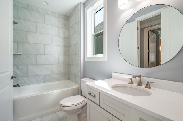 bathroom with shower / bathing tub combination, vanity, and toilet