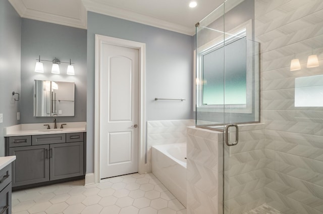 bathroom featuring a shower stall, crown molding, tile patterned floors, a bath, and vanity