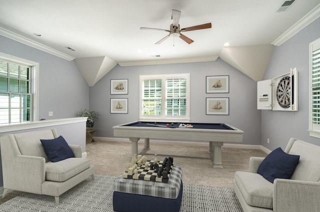 playroom featuring carpet flooring, baseboards, visible vents, a ceiling fan, and pool table