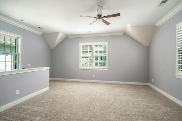 additional living space featuring ceiling fan, vaulted ceiling, and carpet