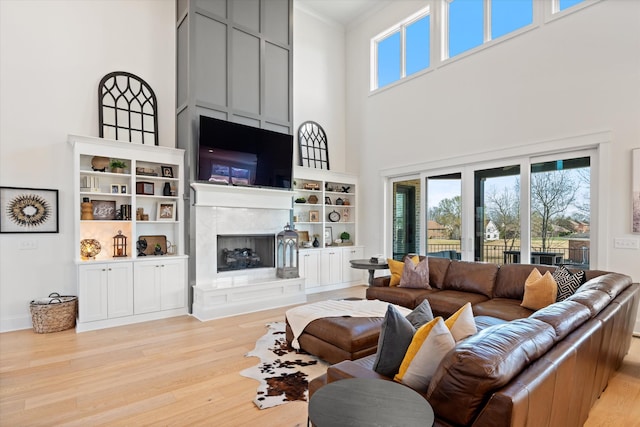 1428 Boardwalk Pl, Gallatin, TN 37066 - living area featuring a fireplace, a high ceiling, crown molding, and light wood finished floors