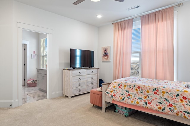 1428 Boardwalk Pl, Gallatin, TN 37066 - bedroom with connected bathroom, carpet floors, baseboards, visible vents, and ceiling fan