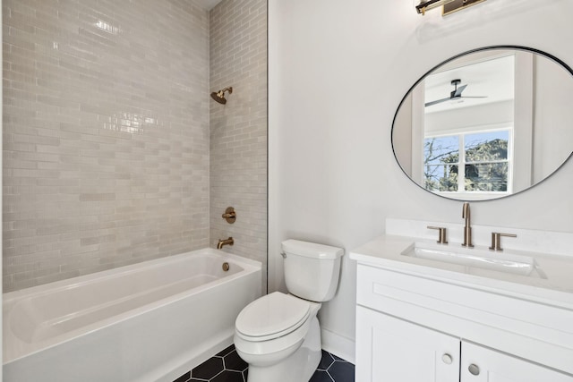 full bath featuring toilet, shower / bathtub combination, tile patterned flooring, ceiling fan, and vanity