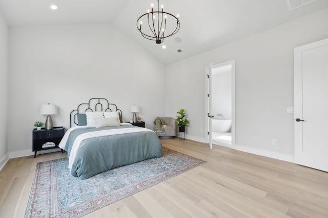 bedroom with lofted ceiling, visible vents, light wood-type flooring, baseboards, and a chandelier
