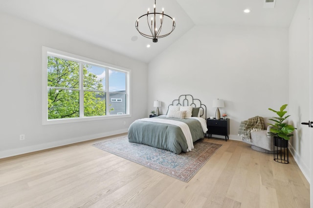 bedroom featuring recessed lighting, baseboards, light wood-style flooring, high vaulted ceiling, and a notable chandelier