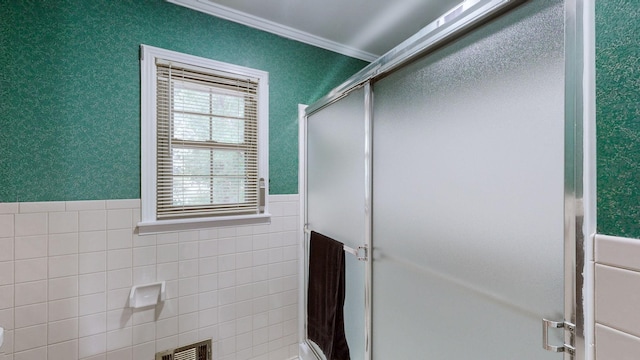 411 Whaley St, Smithville, TN 37166 - full bath with a shower stall, ornamental molding, wainscoting, and tile walls
