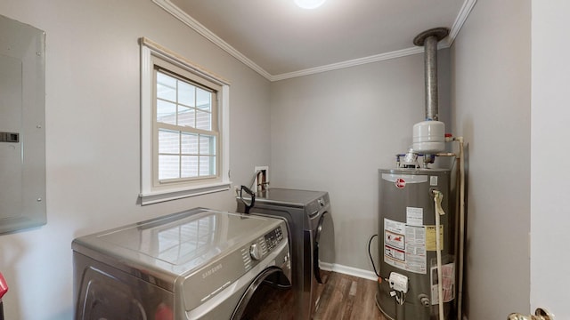 411 Whaley St, Smithville, TN 37166 - clothes washing area featuring water heater, washer and clothes dryer, crown molding, dark wood-type flooring, and baseboards