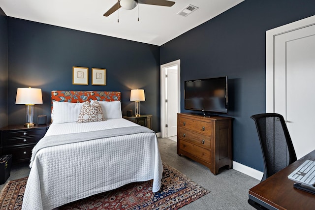 bedroom featuring baseboards, carpet flooring, ceiling fan, and visible vents